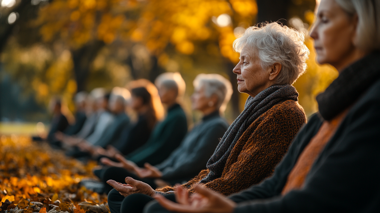 Група старших людей практикує йогу